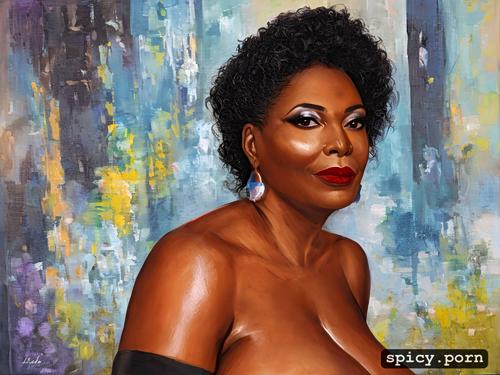 60 years old, black woman, oiled body, perfect face, bar, portrait