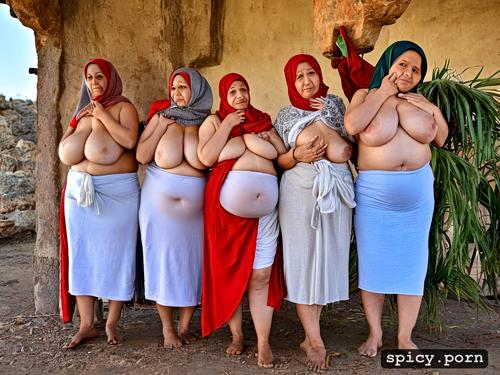 obese arabic old grannies group, looking at the viewer, wide hips