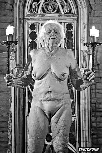 ribs showing, detailed face candlelight, nude, white hair, granny