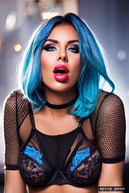 electric blue hair, fit and sensual kneeling looking up large penis in her mouth