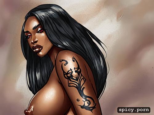 black lady, rgb lights, stunning face, dark hair, centered, large boobs