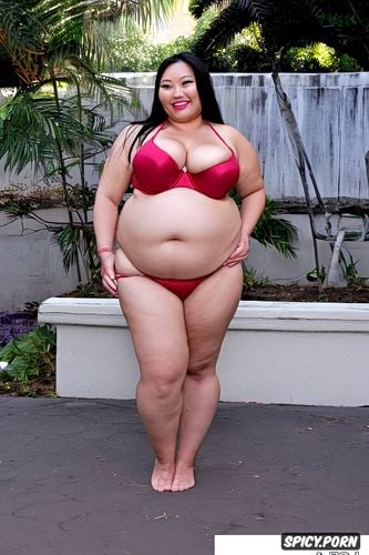 bikini with obese belly, detailed smiling face, night time, huge saggy tits