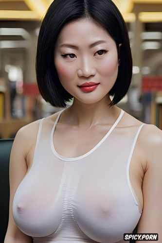 asian woman, bobcut hair, muscular body, pov, erotic, library