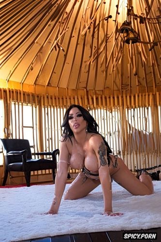lustful expression, pov, left alone on her own after gangbang in a traditional yurt