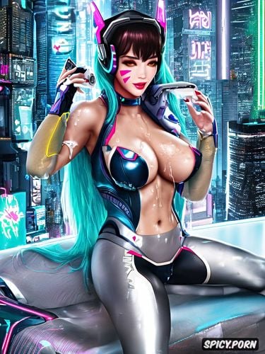 long hair, highres, excessive cum all over body, futuristic retrowave colours