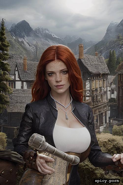 beautiful face, pale skin, the witcher 3, long dark red hair