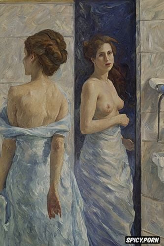 belly, ass grab, victorian gown, very long neck, tiled bathing