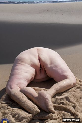 super realistic k quality cinematic, fat obese old woman lying on the beach sand sunbathing face up