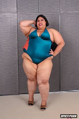 flat chest, she have big fat bulge, ssbbw hispanic woman, very short hair