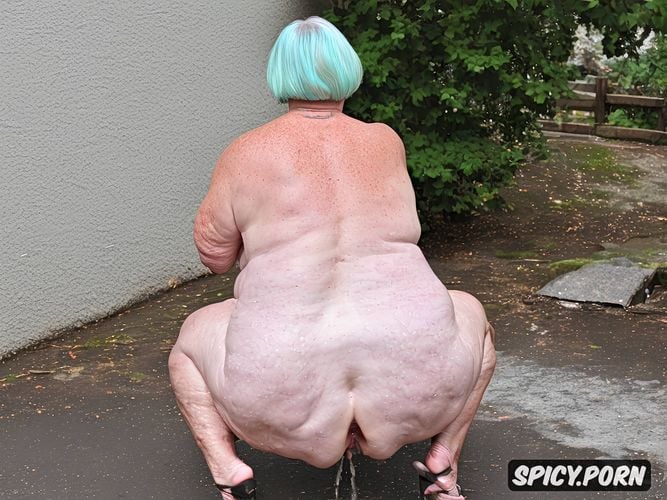 white granny, squatting, rear view, hyperrealistic pregnant pissing muscular thighs red bobcut haircut