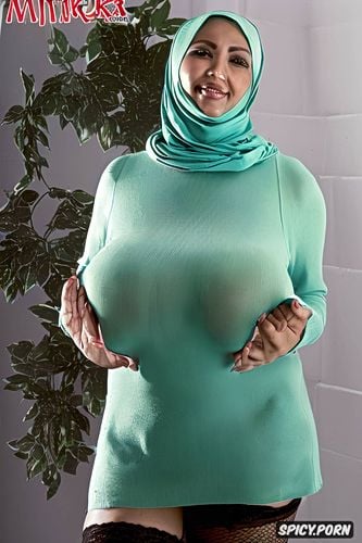 no clothing except hijab and stockings, straight front symmetrical view