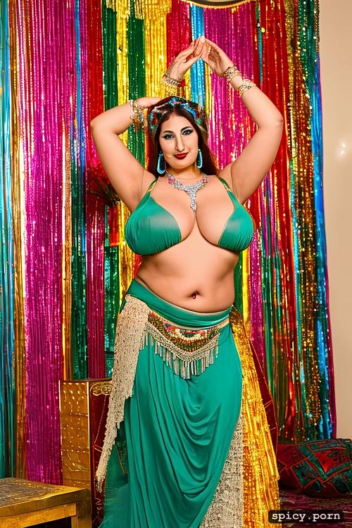 massive breasts, full front, thick, 95 yo, beautiful bellydance costume