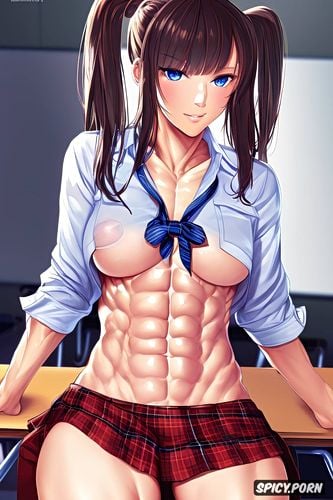 six pack abs, micro plaid skirt, long pigtails hair, high detail photo realism