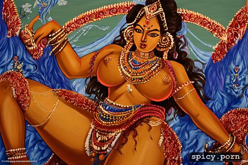 legs spread, indian godess kali and durga thick thigh, full body