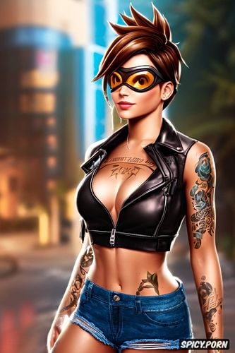 tattoos, topless, high resolution, k shot on canon dslr, tracer overwatch beautiful face full body shot