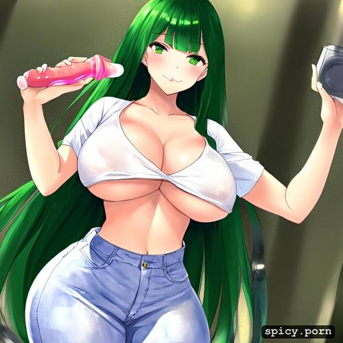 centered, curvy body, green hair, japanese female, long hair