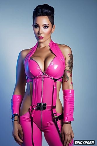 neon pink short hair, beautiful face, pink pvc, pink latex, fit body