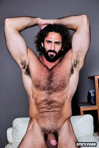 male, curly hair, full body view, man, hairy body, beard, he is sitting on a chair