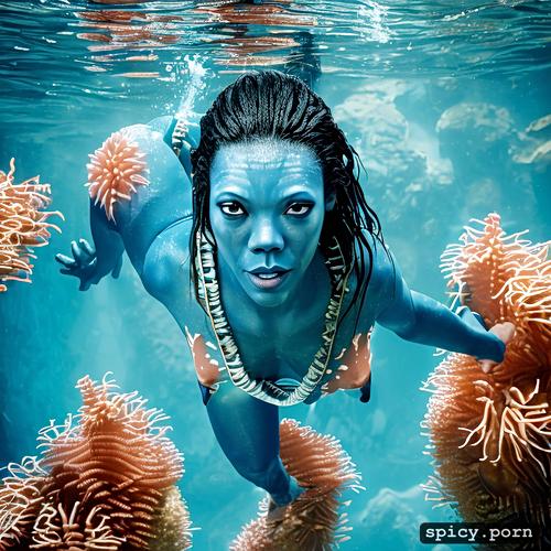 gorgeous symmetrical face, zoe saldana as blue alien from the movie avatar zoe saldana swimming underwater near a coral reef wearing tribal top and thong