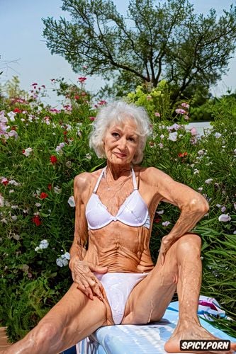 thigh gap, sitting at pool, bikini bra, 50 yo granny, pushes slip aside to seduce stranger