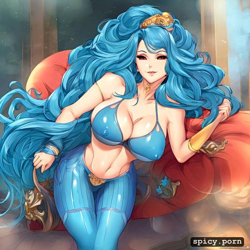 blue curly hair, 40 yo, precise lineart, silicon boobs, pov