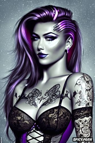 tattoos masterpiece, k shot on canon dslr, ultra detailed, sombra overwatch beautiful face young sexy low cut black lace corset and stockings