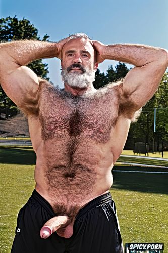 solo very hairy gay muscular old man with a big dick showing full body and perfect face beard showing hairy armpits football coach chubby body