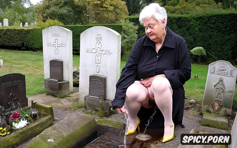 stockings, very fat granny, high heels, ultra detailed pissing 90 year old granny on the grave
