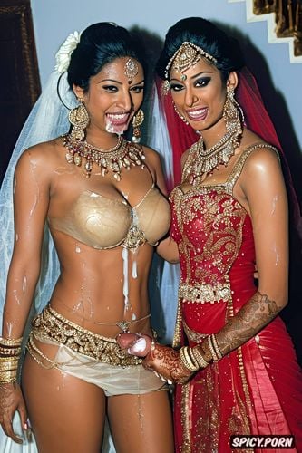 the two standing beautiful indian bride in wedding hall takes a huge black dick in the mouth and giving blowjob to the bride get covered by cum all over his bridal dress the bride realistic photo and real human and nude