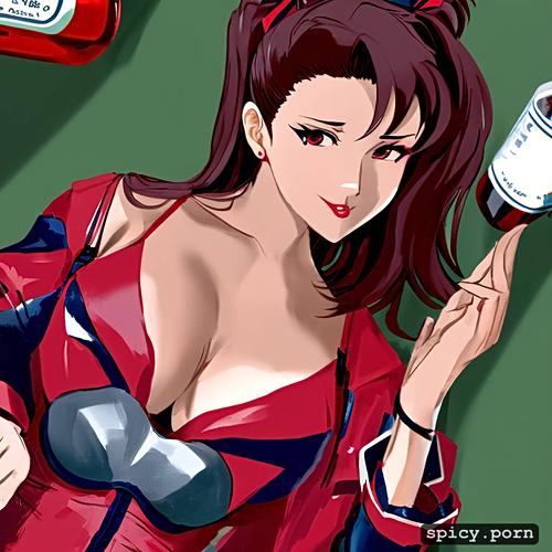 misato from neon genesis evangelion, drunk, she is in only a lingerie