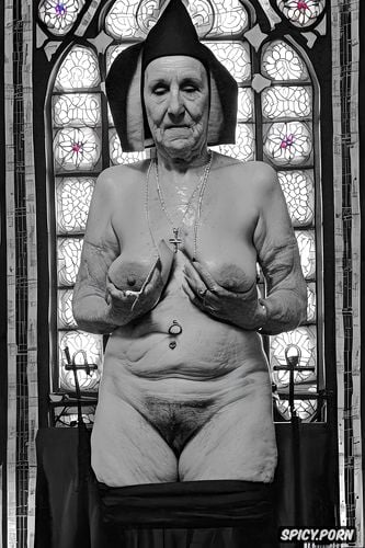 holding a cross in pussy, real old wrinkled granny, stained glass windows