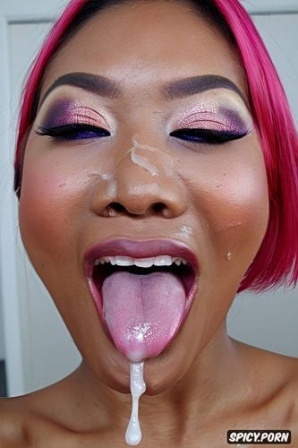 cumslut, full lips, skinny, fake eye lashes, portrait, pov, large pierced tongue out