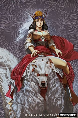 virgin mary, riding on a giant wolf, delicate teenage breasts