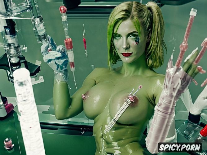 malethe joker, restrained, open lab coat, doctor harleen quinzel is being transformed into harley quinn by the jokers body modification experiments