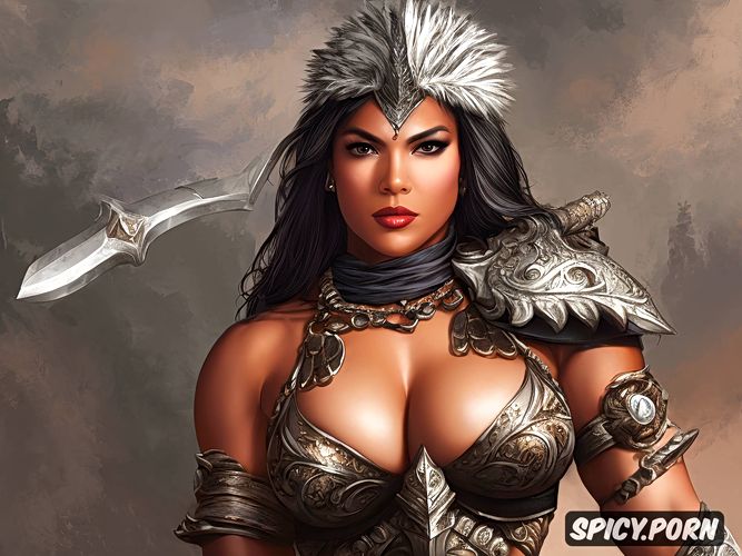 female barbarian, stunning face, large biceps, curvy body, fantasy