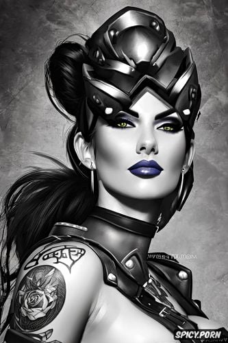 tattoos masterpiece, ultra detailed, widowmaker overwatch beautiful face milf sexy low cut leather mistress outfit