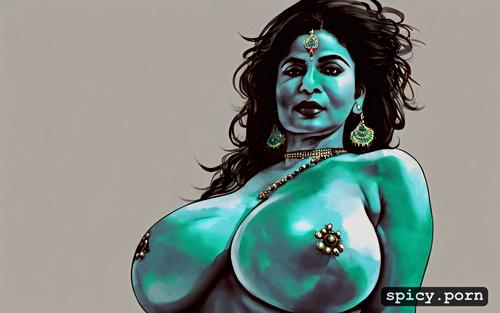 indian woman, black hair, woman, curvy body, huge boobs, topless