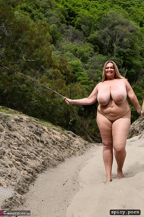 giant saggy tits, standing straight at a black sea beach, long hair