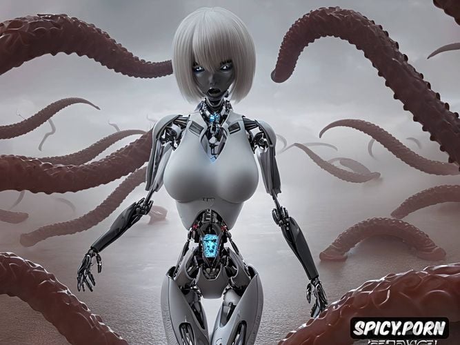 advanced fully articulate robot tentacle, bobcut hair, tanned skin