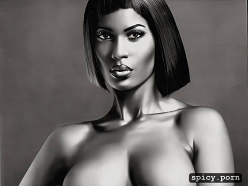 centered, stunning face, big boobs, black woman, light hair