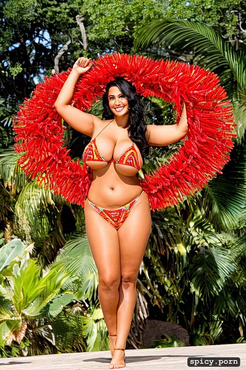 performing on stage, giant hanging boobs, sharp focus, intricate beautiful hula dancing costume with bikini top
