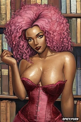 library, pink hair, long legs, black female, little breasts