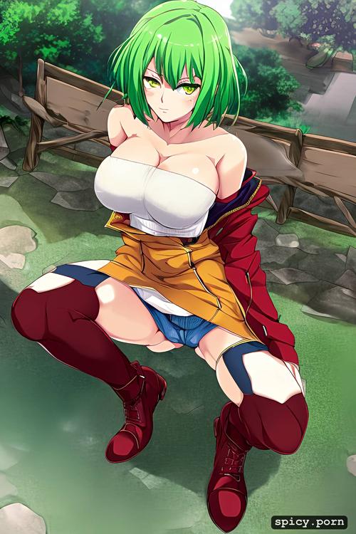 anime woman, boots, 18yo, white skin, medium breasts, short light green hair