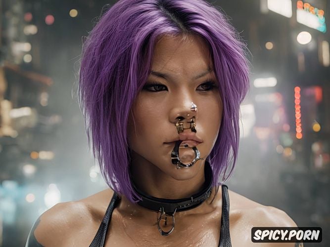 violet hair, angry face asian thai mongols beautiful woman big ideal tits tatoo all body piercings in both nipples 20 y o