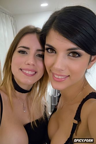 close up on faces, two women, busty, teasing pose, real amateur selfie of two hot emo spanish teen girlfriends seduce you