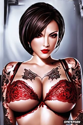 high resolution, ultra detailed, ada wong resident evil beautiful face young sexy low cut red lace lingerie