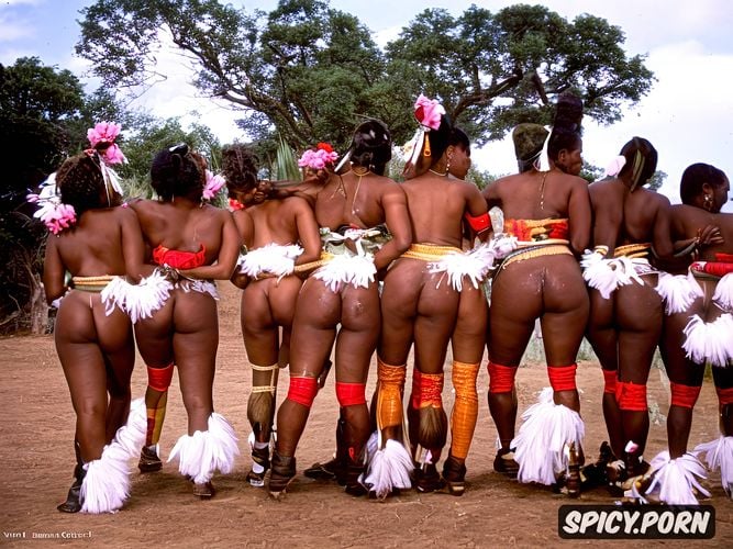 dancers, shake of tits, crooked legs, buttocks spread, lot of native dancers vivid natural colors embossed bodies africa