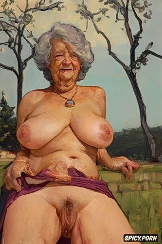 very wide hips, the very old fat grandmother skirt has nude pussy under her skirt