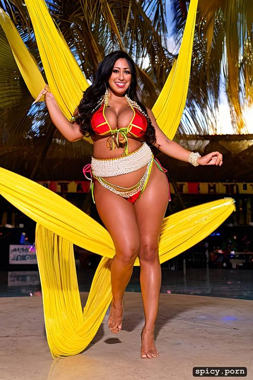 color photo, giant hanging boobs, performing on stage, intricate beautiful hula dancing costume with bikini top