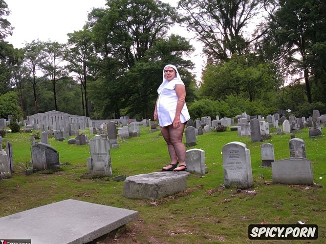 showing huge tits, wide hips, grave with headstone in a cemetery